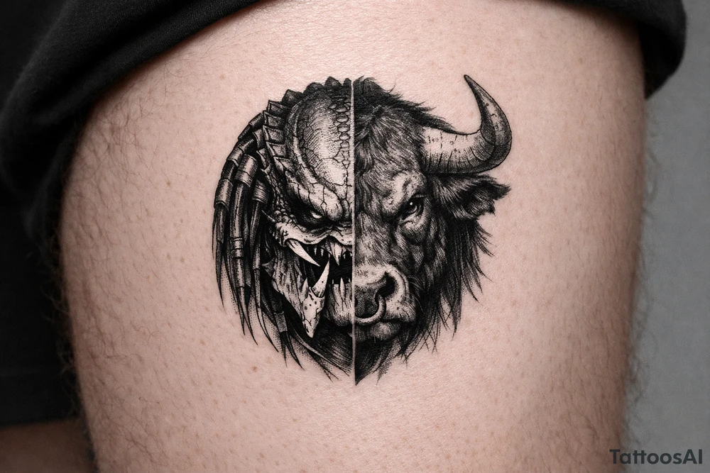 a face half predator half bull tattoo idea
