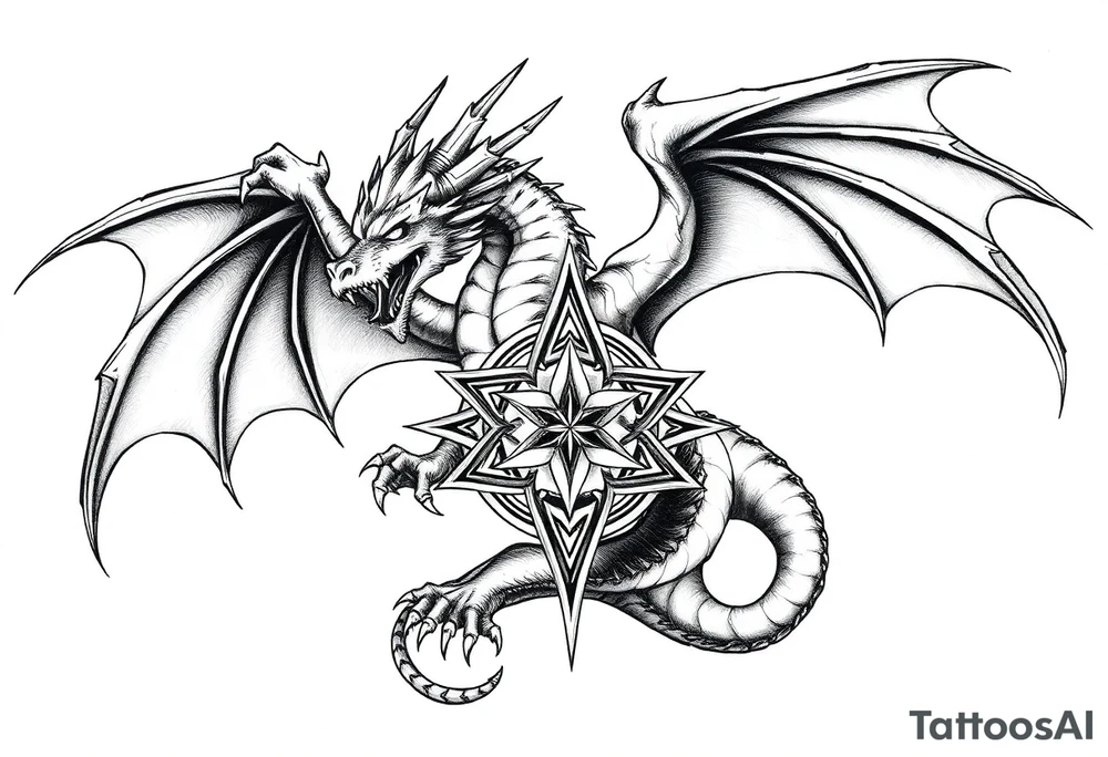 Masculine beautiful realistic dragon holding celtic star tattoo idea