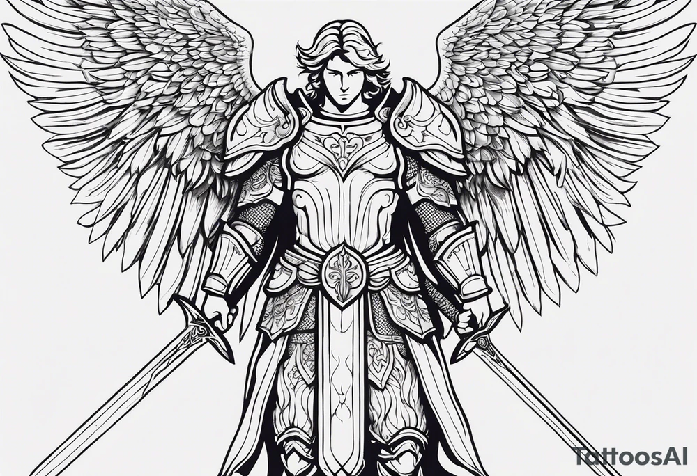 **Tattoo Design: Archangel Michael**

- **Central Theme**: Archangel Michael, majestic and powerful, stands ready with a raised sword, prepared to battle evil.
- **Appearance**: The figure of Archangel Michael depicted in full angelic armor, with majestic wings spread wide.
- **Expression**: His stance conveys strength, courage, and determination in defense of good.
- **Details**: Focus on intricate details such as facial features, armor embellishments, and the raised sword.
- **Background**: May be stylized as celestial, with rays of light or clouds, accentuating the divine presence of Archangel Michael.
- **Placement**: Intended for placement on the chosen body area, with the option to adjust the size according to personal preferences. tattoo idea