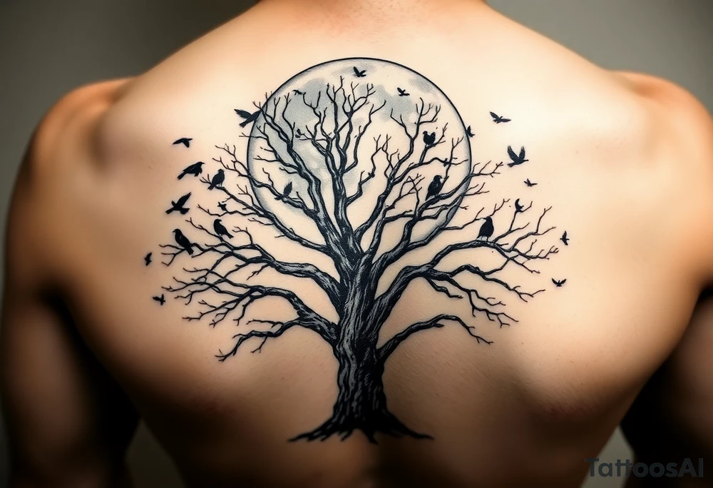 A very realistic, large tree of life that is bare with lots of crows flying  above. a moon that is as large as the entire picture. Large Viking hatches that cover my entire shoulder blades behind the tree and moon  This is a backpiece. tattoo idea