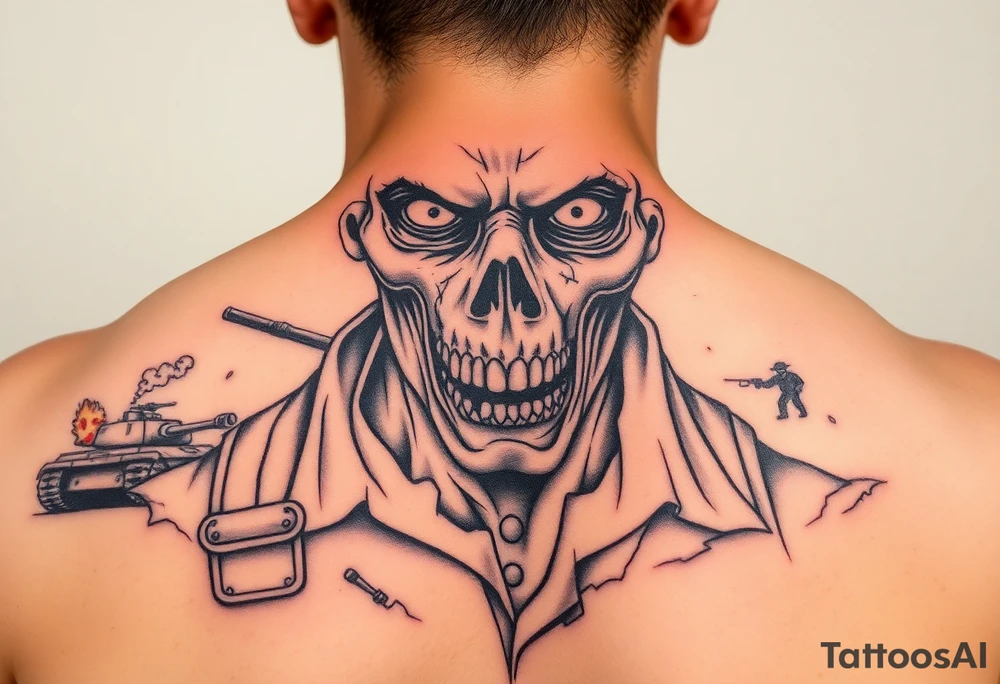 Close-up of a zombie soldier's face, torn uniform, with a tank and explosions in the background. tattoo idea