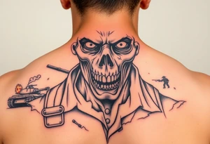 Close-up of a zombie soldier's face, torn uniform, with a tank and explosions in the background. tattoo idea