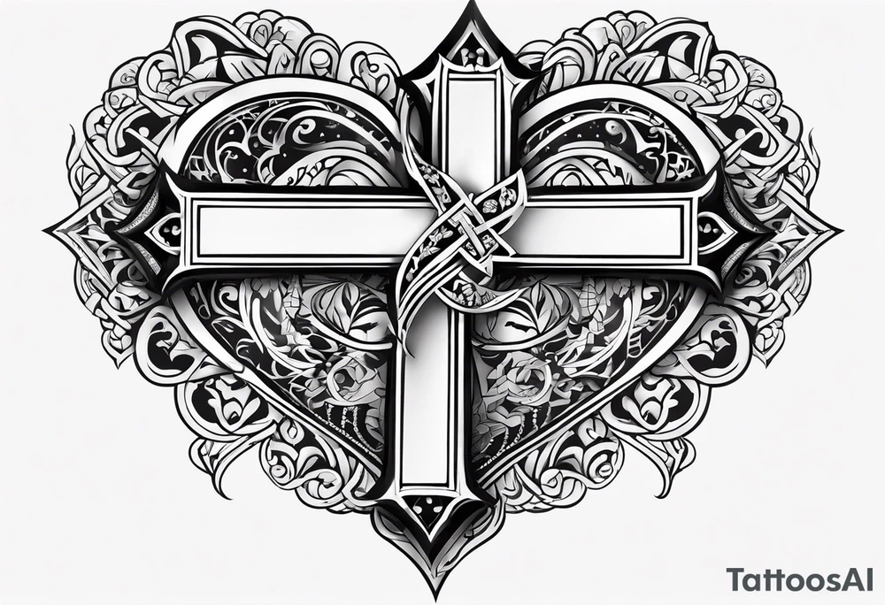 Heart and cross with names. The names are bini and essu and meri tattoo idea