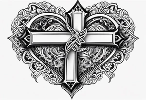 Heart and cross with names. The names are bini and essu and meri tattoo idea