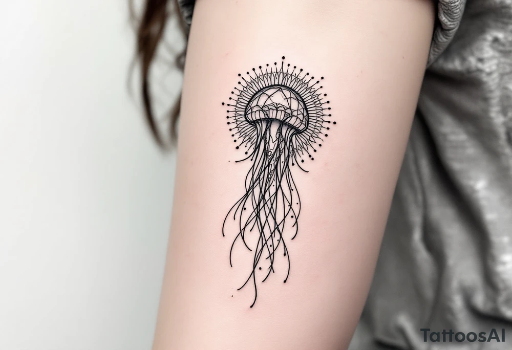 fine-line tattoo, single jellyfish, sacred geometry surround, dotwork patterns, jellyfish bell dome, flowing tentacles, trailing streamers, geometric mandala, radiating dotwork, minimalist design, black grey lines, soft shading, no outlines, geometric frame, organic jellyfish form, upper arm shoulder placement, light airy feel, delicate linework, geometric backdrop, refined elements, clean lines, radiating patterns, jellyfish centerpiece tattoo idea