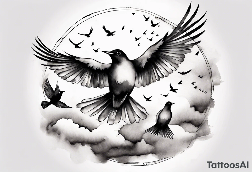 shoulder tattoo with light rays with birds flying free among the clouds, round shape, 3d effect tattoo idea