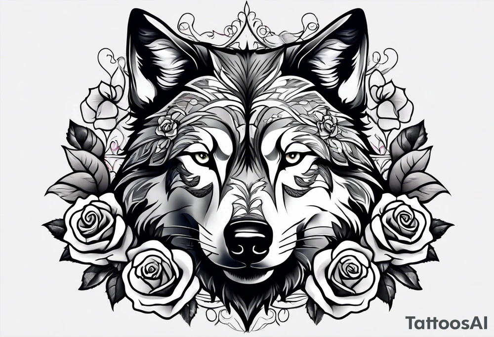 Wolf combined with roses and skulls tattoo idea