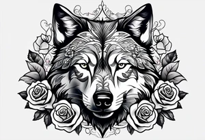Wolf combined with roses and skulls tattoo idea