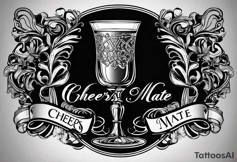 "Cheers Mate" text black and grey ink armband, intricate, artistic +abstract +grey Cancer Ribbon +toasting bourbon glass tattoo idea