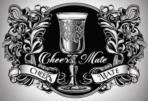 "Cheers Mate" text black and grey ink armband, intricate, artistic +abstract +grey Cancer Ribbon +toasting bourbon glass tattoo idea