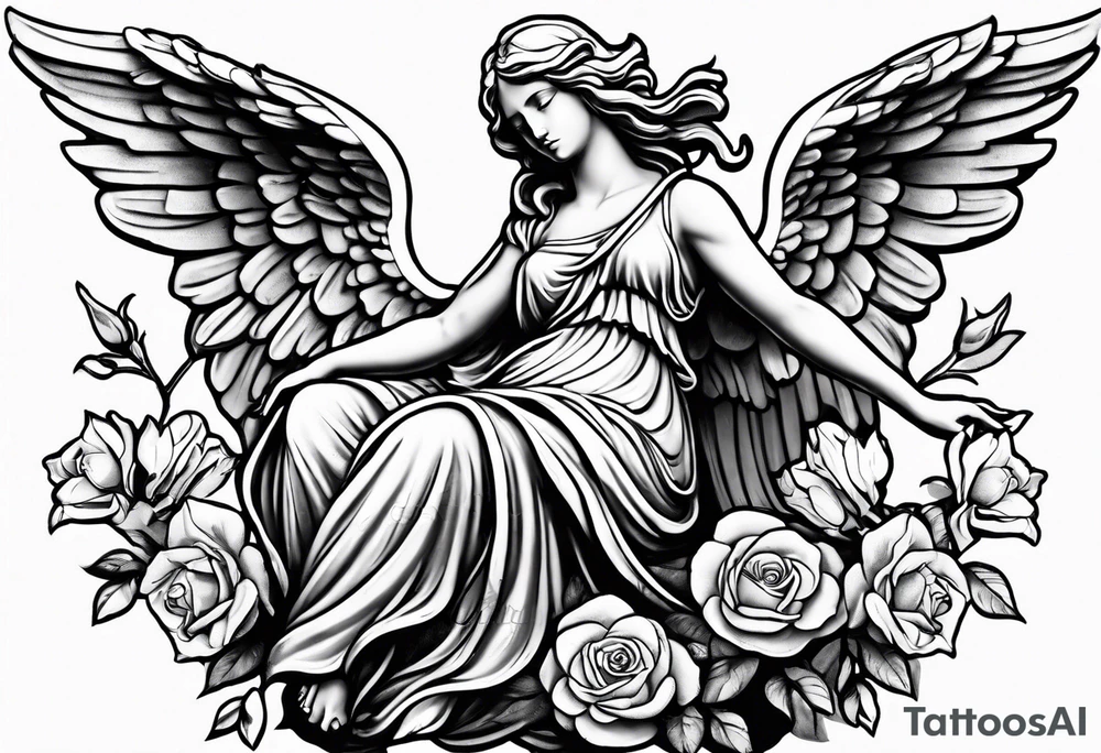 Simple Angel statue stood on a rock with daffodils and roses wrapped around its legs tattoo idea