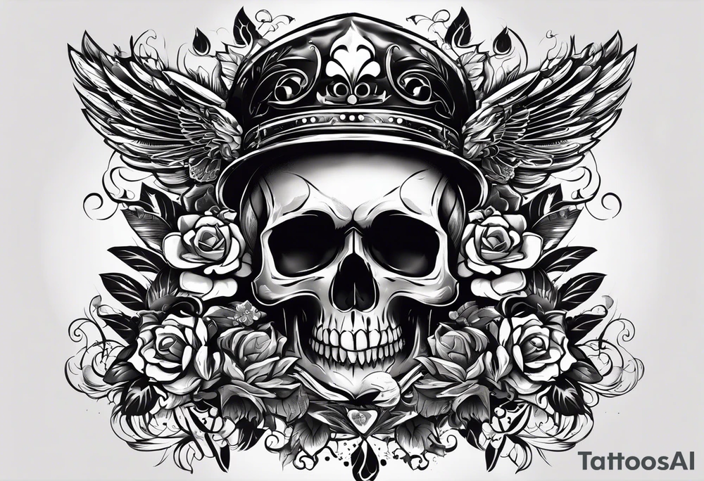 I want a tattoo with a skull design that says "work hard" at the top and "play hard" at the bottom, in black only. tattoo idea