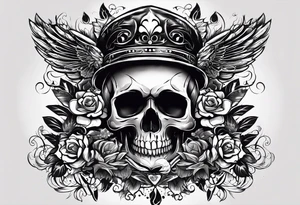 I want a tattoo with a skull design that says "work hard" at the top and "play hard" at the bottom, in black only. tattoo idea