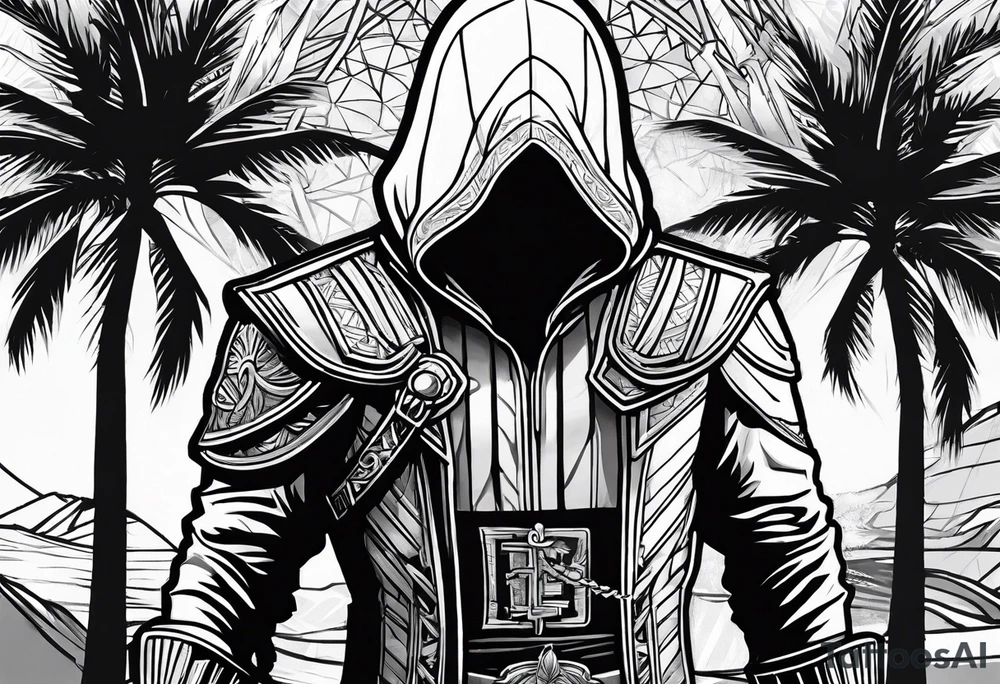 assassins creed character that is in the style of tron with palm trees tattoo idea