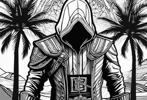 assassins creed character that is in the style of tron with palm trees tattoo idea