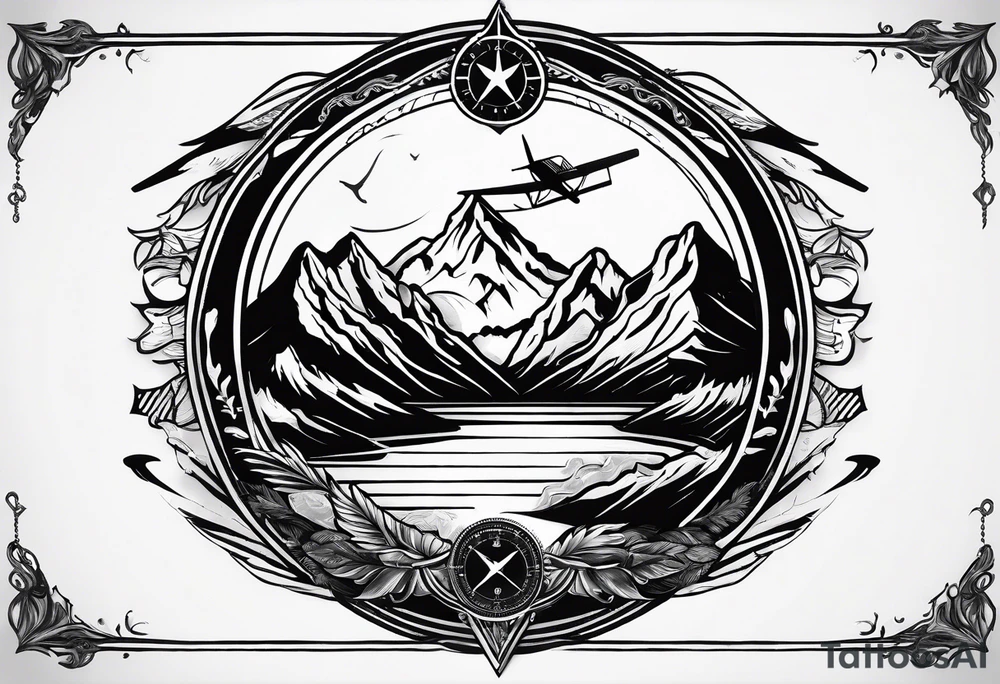 The word "HARK" as a banner with a mountain, compass and an airplane tattoo idea