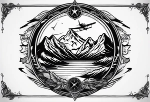 The word "HARK" as a banner with a mountain, compass and an airplane tattoo idea