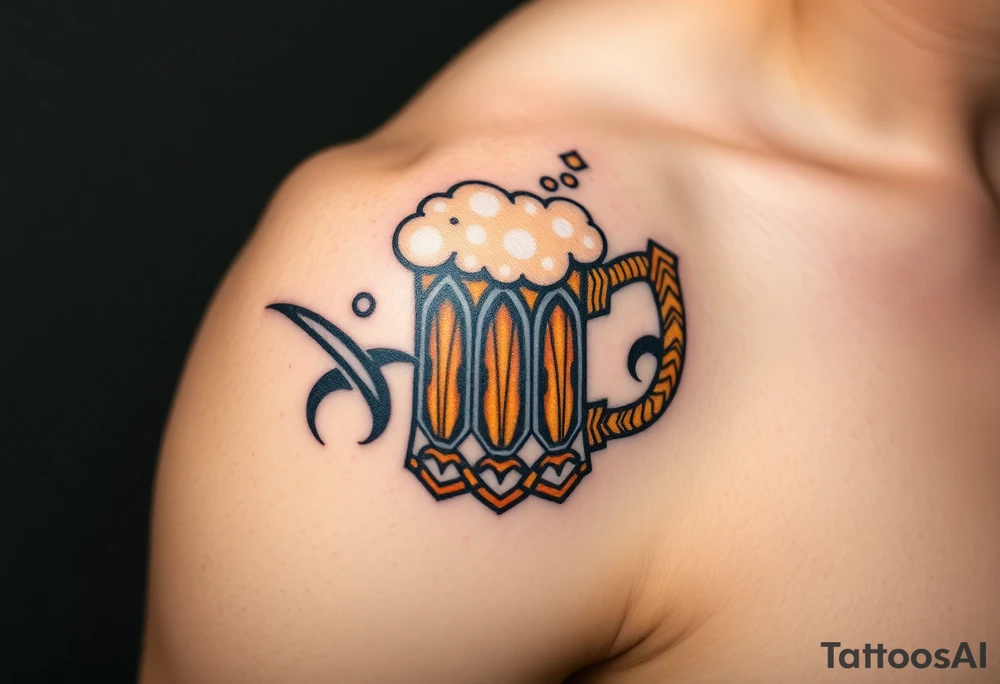 A frothy golden beer mug with condensation droplets, featuring intricate woodgrain textures on the handle tattoo idea