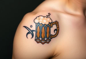 A frothy golden beer mug with condensation droplets, featuring intricate woodgrain textures on the handle tattoo idea