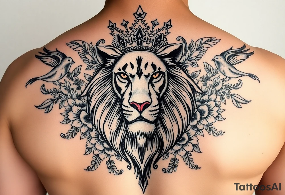 powerful majestic lion with a crown, surrounded by floral ornaments and birds tattoo idea