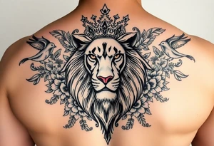 powerful majestic lion with a crown, surrounded by floral ornaments and birds tattoo idea