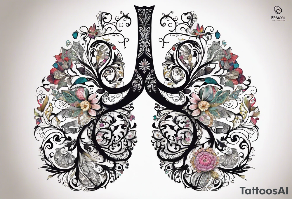 intricate and artistic arrangement of flowers and ornamental patterns that come together to form the shape of human lungs. The design should have a balance of delicacy and detail, with vibrant floral elements seamlessly intertwining to mimic the structure of the lungs, including the bronchi branching into floral motifs. Incorporate subtle shading and depth to give the tattoo a dynamic and organic feel, while maintaining elegance and symmetry, embrace by an octopus tattoo idea