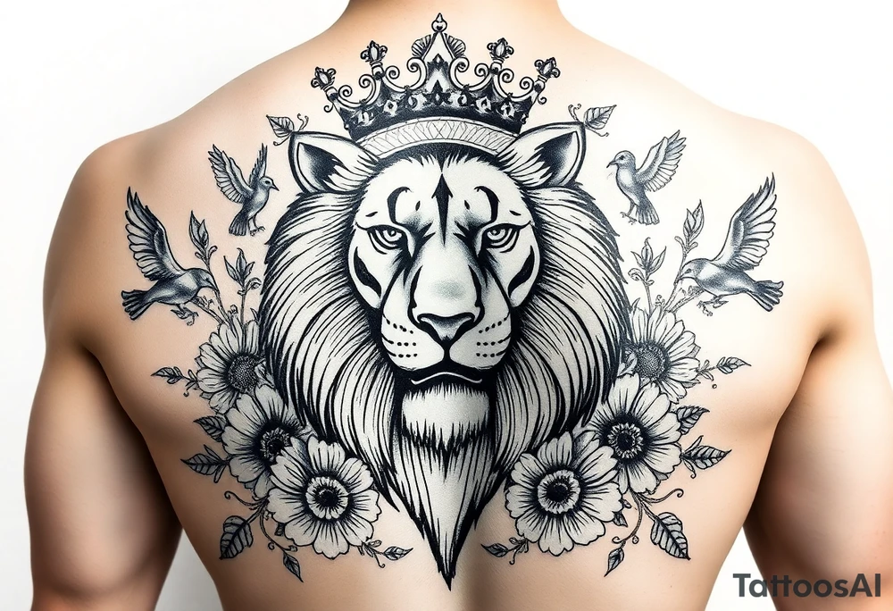 powerful majestic lion with a crown, surrounded by floral ornaments and birds tattoo idea