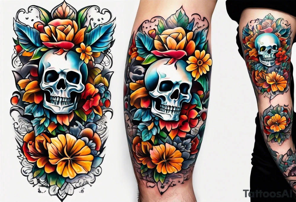 Old school center Knee tattoo with skulls, flowers, water shapes and fall colors tattoo idea