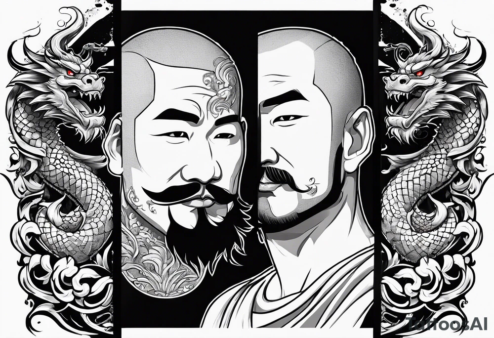 give me an asian gangster style tattoo with a dragon, on the back and mix it in with a greek style arm sleeve with achilles the greek god tattoo idea