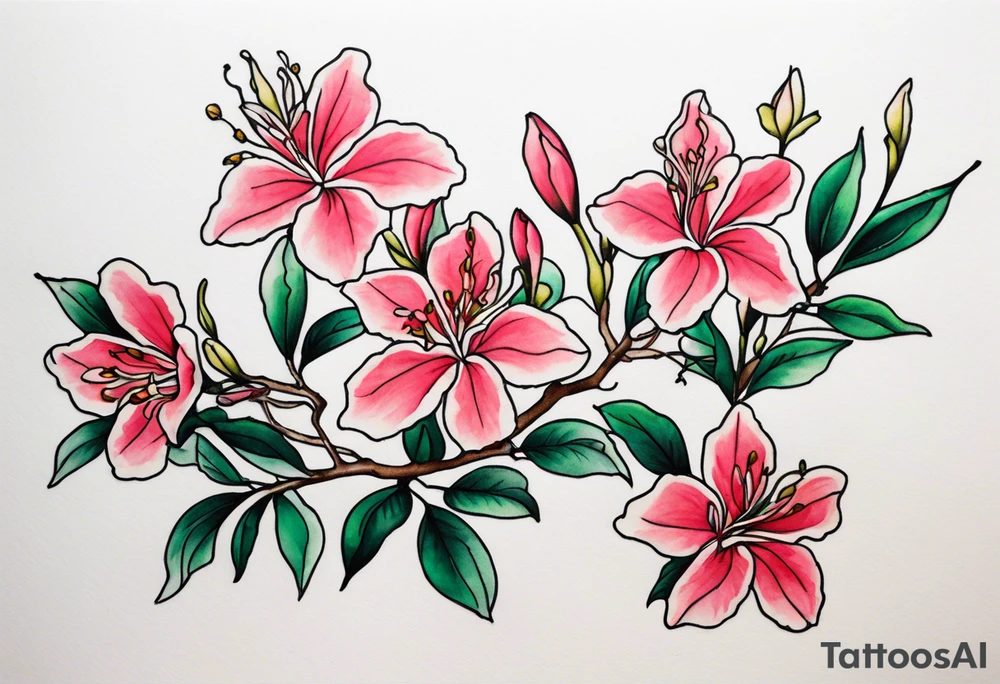5-petal Azaleas, spread out along a long branch tattoo idea