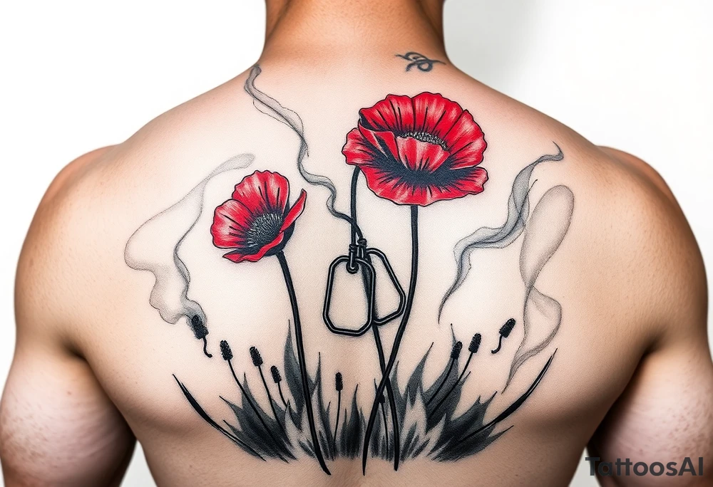 army inspired loss of friends, 2 red poppy’s, and smoke with dog tags in a field of fire tattoo idea