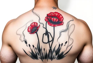 army inspired loss of friends, 2 red poppy’s, and smoke with dog tags in a field of fire tattoo idea