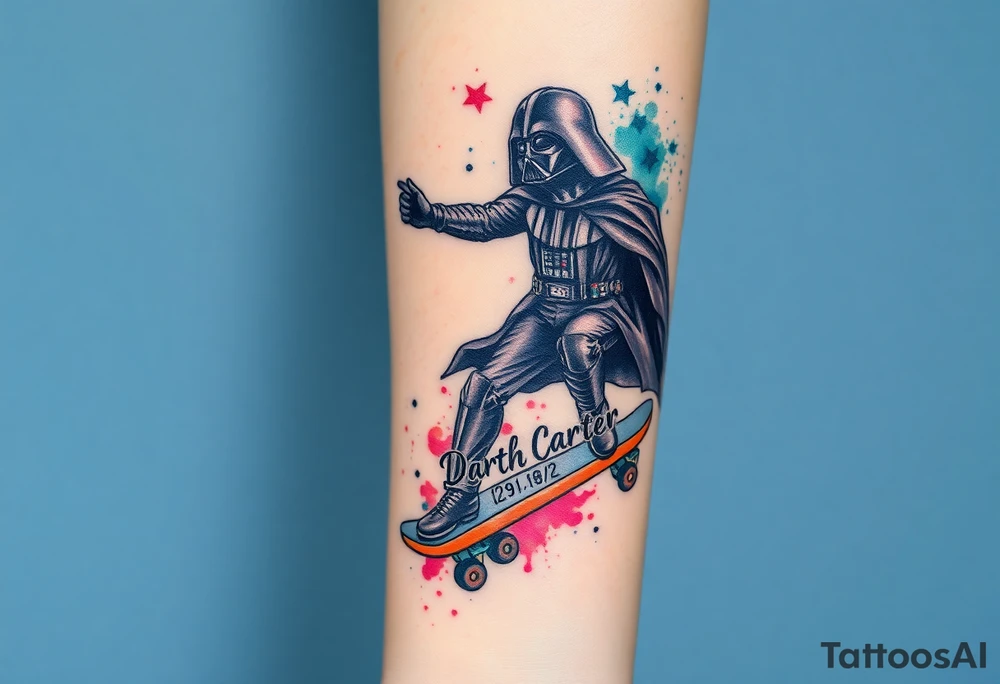 Darth Vader skateboarding with gun> bullets > memorial > god > colors > futuristic/space/star wars
add name "Darth Carter" on skateboard
add date 12/29/88-01/06/24 tattoo idea