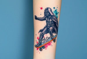 Darth Vader skateboarding with gun> bullets > memorial > god > colors > futuristic/space/star wars
add name "Darth Carter" on skateboard
add date 12/29/88-01/06/24 tattoo idea