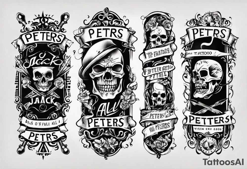 men’s arm sleeve, the name Peters, jack of all trades tattoo idea