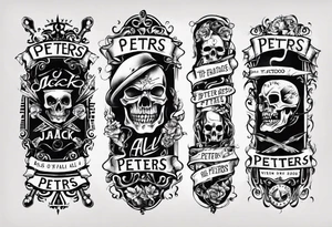 men’s arm sleeve, the name Peters, jack of all trades tattoo idea