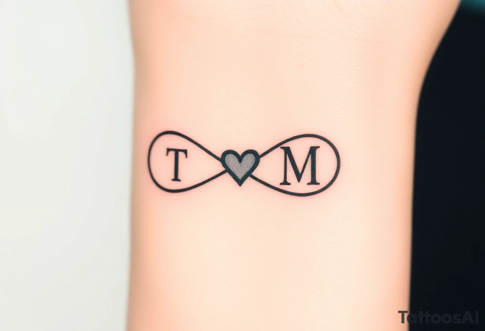 An infinity symbol with two initials T and M on each loop and a tiny heart in the center in black ink tattoo idea