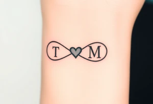 An infinity symbol with two initials T and M on each loop and a tiny heart in the center in black ink tattoo idea