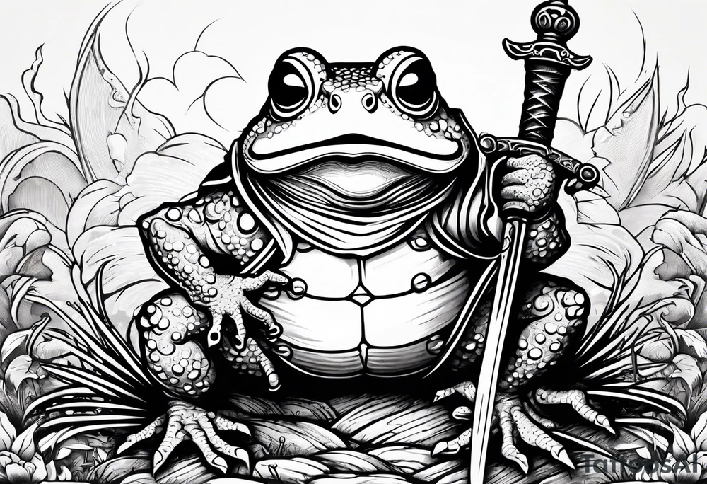 toad with sword; samurai sword Is pointing down(sword stuck in the ground) as if the toad was standing; no clothes tattoo idea