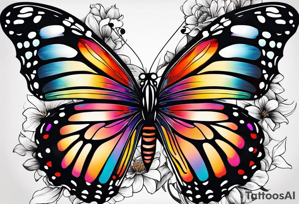 Butterfly: “A vibrant butterfly with colorful wings, resting on a flower, showcasing transformation and beauty.” tattoo idea