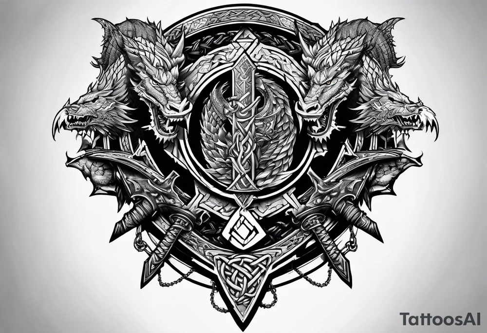 Valhalla sword shield dragon axe Valknut barbed wire chains tattoo idea