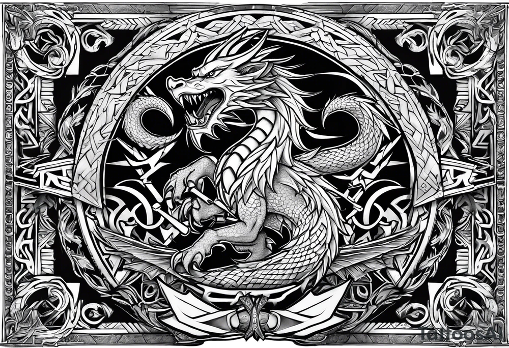 Valhalla sword shield dragon axe Valknut tribal tattoo idea