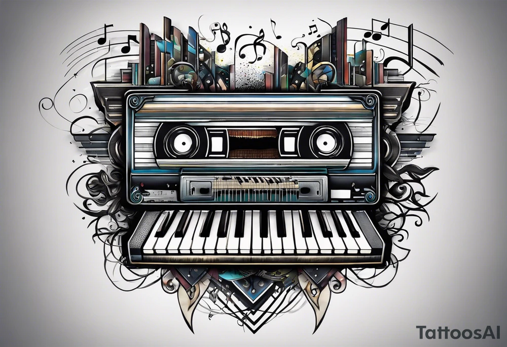 This tattoo features a stylized assembly of various music-related elements. At the center is a cassette tape with realistic details and proportions. It is overlaid with a keyboard, the keys extending outward on one side. Intertwined with these are abstract designs, including straight and wavy lines, geometric shapes like triangles, and scientific elements like an atom model. Additionally, a detailed avian creature perches on the tape, adding an organic touch to the otherwise geometric and mechanical motif. tattoo idea