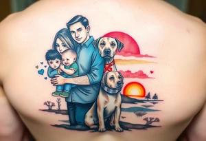 Family 2 parents, 1 baby boy, one young girls, a labrador with colour around the caracters and empty caracters and sunrise tattoo idea