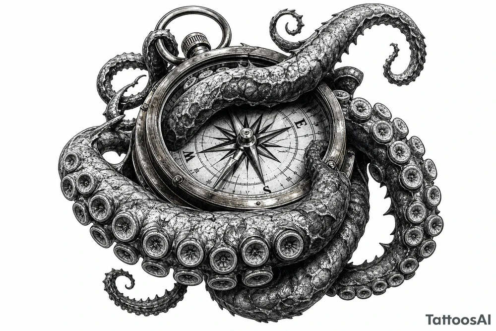 Close-up of kraken tentacles gripping a brass compass, deep ocean shadows. tattoo idea