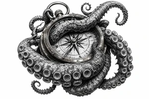 Close-up of kraken tentacles gripping a brass compass, deep ocean shadows. tattoo idea