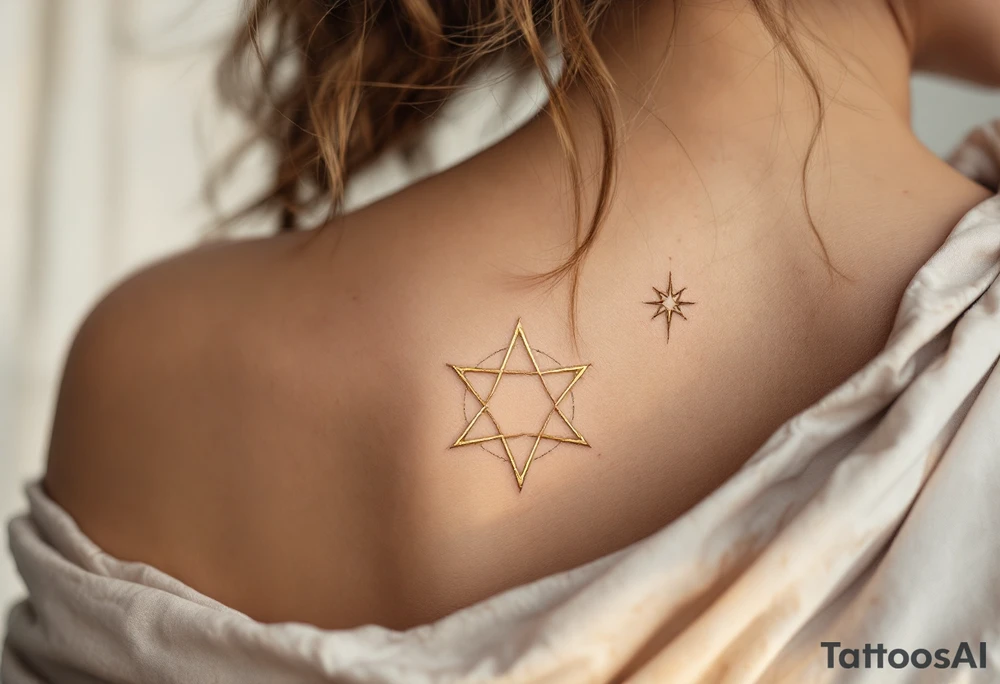 A gold eight-pointed star tattoo evokes celestial power and divine energy. tattoo idea