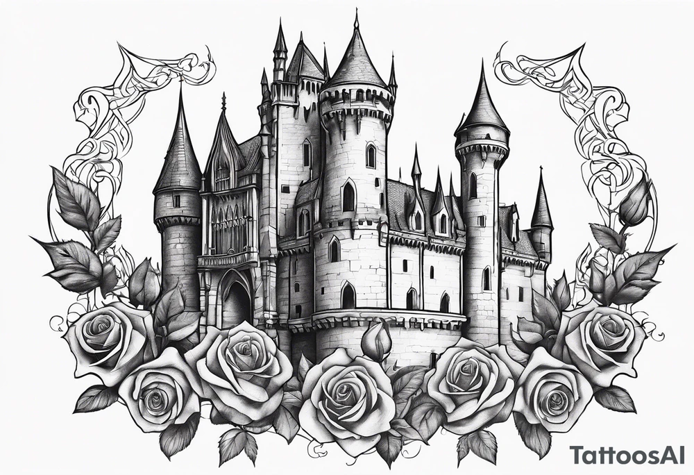 old broken gothic castle, broken sword, roses tattoo idea