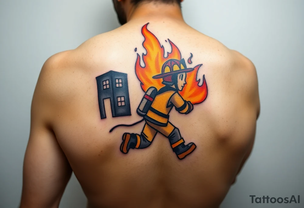 A firefighter running towards a burning building, with dramatic shading in deep oranges, blacks, and grays. tattoo idea