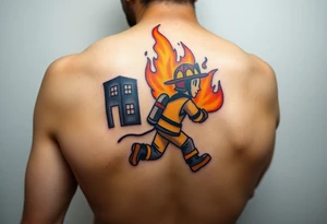 A firefighter running towards a burning building, with dramatic shading in deep oranges, blacks, and grays. tattoo idea